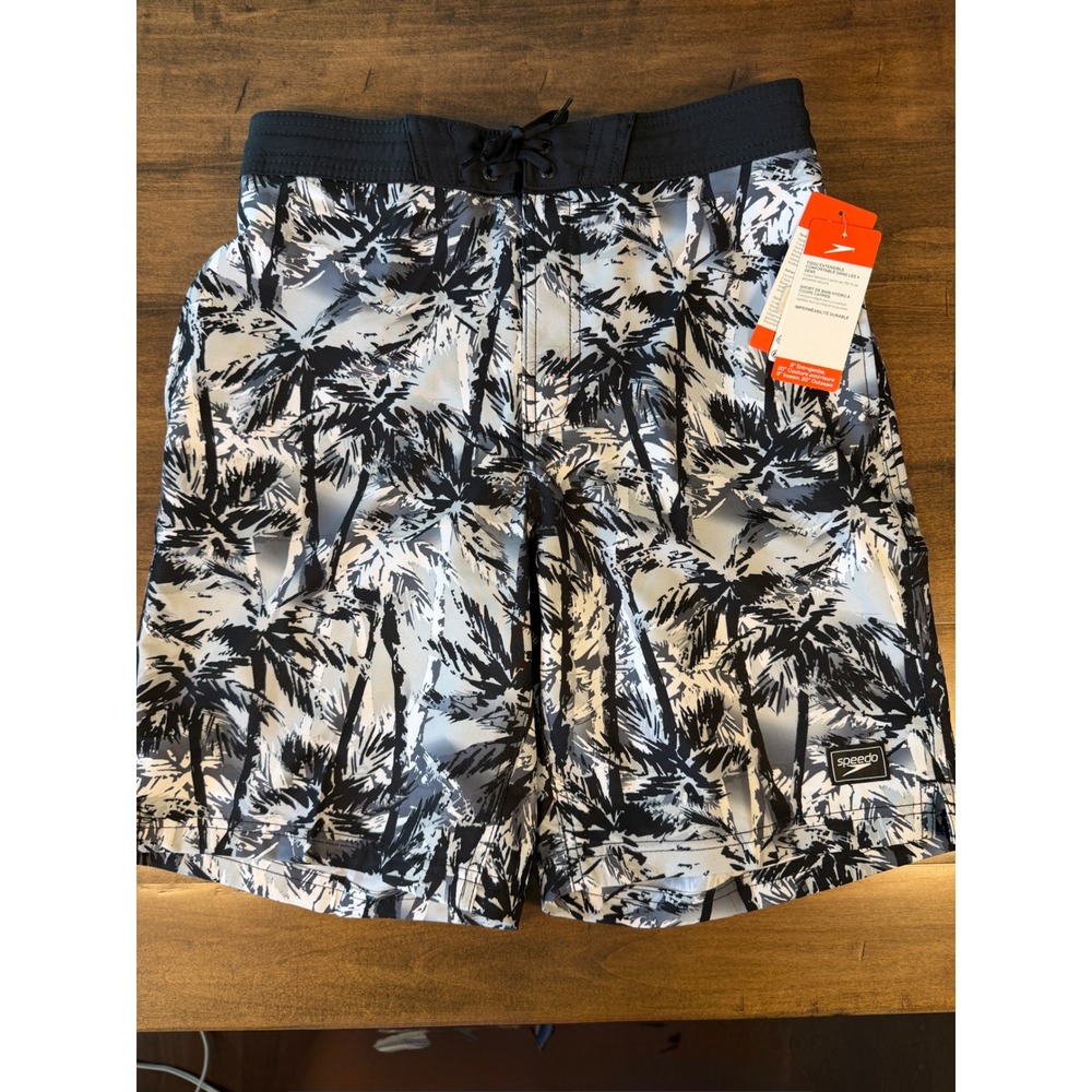 Speedo Mens Hydro Swim Trunks Black White Palm Tree Print 9 Inseam Size Med